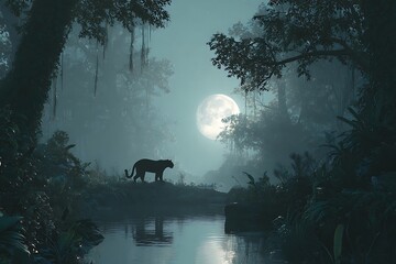 Eerie moonlight illuminates a black panther silhouetted against a misty jungle river, creating a dramatic nature scene for branding and conservation campaigns.