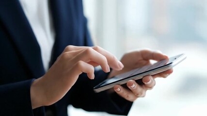 A professional using a smartphone in a modern office setting.