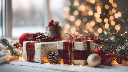 Festive Christmas presents wrapped with plaid ribbons and sparkling lights create a cozy holiday atmosphere ready for seasonal marketing campaigns