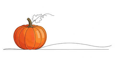 Orange pumpkin with leaf, minimalist line drawing style, on white background, ample free space for text or logo, ideal for autumnal designs or Thanksgiving promotions