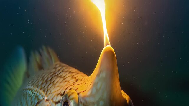 Close-up of a deep-sea anglerfish with its bioluminescent lure glowing in the dark ocean depths.