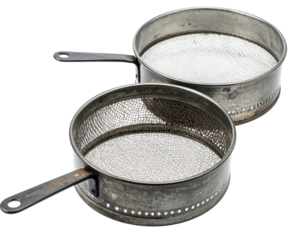 Two vintage metal strainers