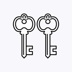 Two antique keys with ornate designs simple black and white outline