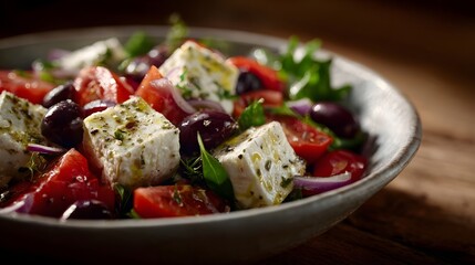 A vibrant Greek salad with fresh feta cheese ripe tomatoes Kalamata olives and herbs dressed in olive oil
