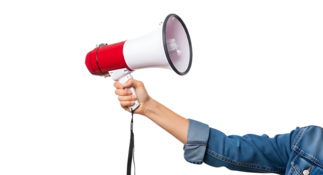 Hand holding red and white megaphone on a black background image