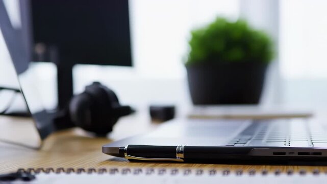 Office desk with pen notebook and laptop computer for work.