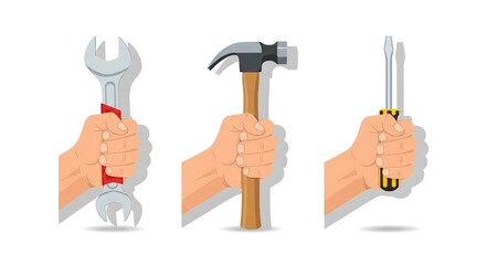 A set of three illustrated hands, each holding a different work tool: a wrench, a hammer, and a screwdriver.