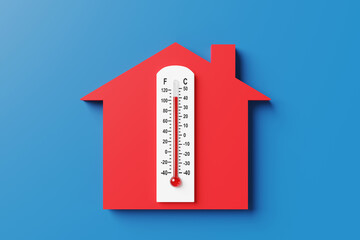 A white thermometer on a red house on a blue background. Illustration of the concept of air conditioning of a smart home and temperature control during summer and winter