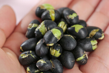 Black beans with green sprouts in hands - healthy legumes for cooking and nutrition