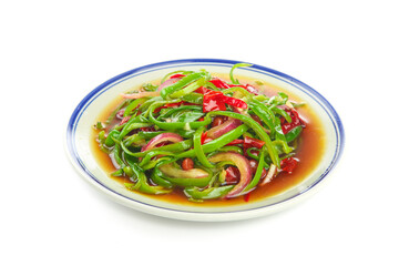 Fresh Hunan Tiger Skin Pepper Salad with Bell Peppers and Greens on Farmhouse Ceramic Plate