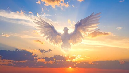 Majestic Dove Soaring in Sunrise Sky.