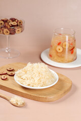 Silver White Snow Ear Fungus Tremella Ready to Eat Health Food Ingredient on Wooden Board