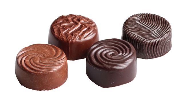 Four handcrafted chocolates arranged in a gentle zigzag, each with unique surface finish and rich brown tones, isolated on transparent background.
