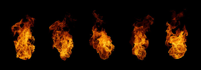 Collection of realistic orange fire flames isolated on black background. Perfect for energy, heat,...