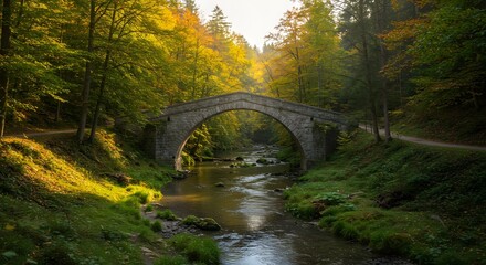 Stone bridge through autumn forest