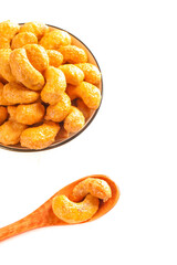 Roasted Cashew Nuts in Wooden Bowl - Golden Salted Vietnamese Crispy Fried Nuts on White Background