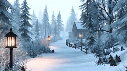 Serene winter pathway lined with glowing lanterns and snow-covered trees leading to a cozy cabin