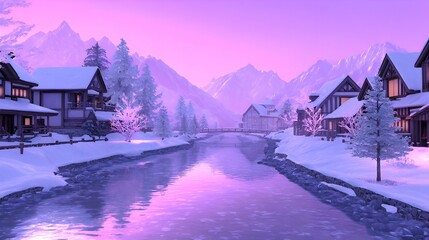 Fototapeta premium Serene winter landscape with snow-covered houses by a shimmering river under a pastel sunset sky