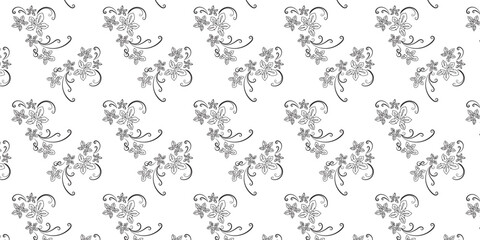 Repeating floral pattern with small delicate blossoms and swirling stems in a classic decorative wallpaper motif