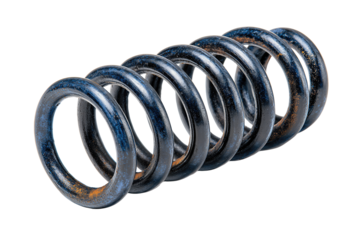 Single compressed coil spring in blued steel with subtle oil sheen and tighter center coils, slight scuff on one end, isolated on transparent background.
