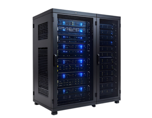 Dark server rack with illuminated components