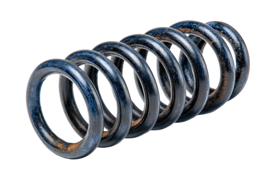 Single compressed coil spring in blued steel with subtle oil sheen and tighter center coils, slight scuff on one end, isolated on transparent background.
