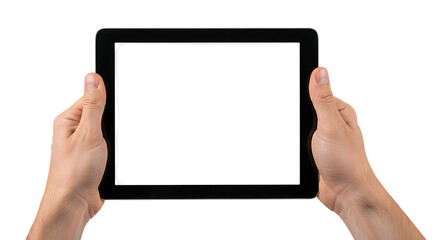 Hands holding blank tablet computer against black background for mockup