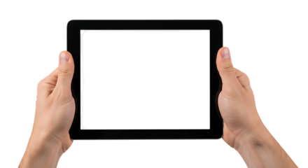 Hands holding blank tablet computer against black background for mockup