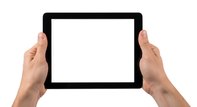 Hands holding blank tablet computer against black background for mockup