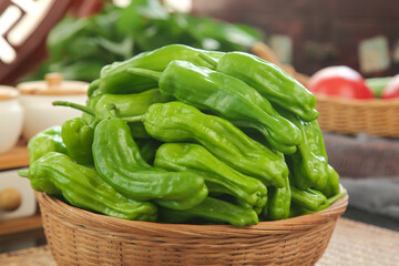 Fresh Green Chili Peppers in Basket - Home Kitchen Cooking Ingredients