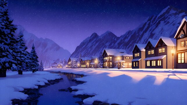 Serene winter village under a starry sky, with snow-covered houses and a calm river reflecting the twilight