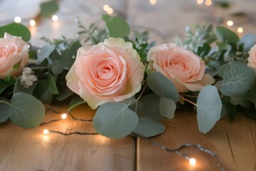 Delicate pink roses and eucalyptus leaves forming a garland, illuminated by soft string lights on a wooden surface, creating a romantic atmosphere