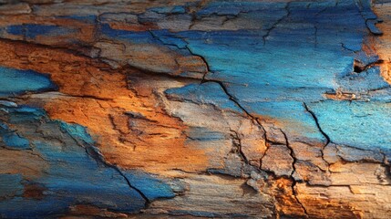 Fototapeta premium A close-up of textured wood featuring vibrant blue and orange hues, showcasing natural patterns and cracks.