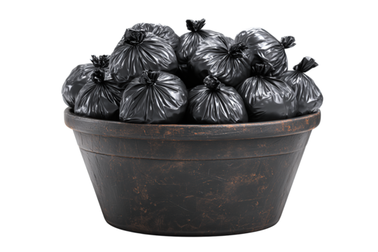 Overfilled garbage bin with tied black trash bags leaning to one side, worn plastic surface and scuff details, isolated on transparent background.
