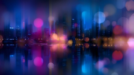 Vibrant city skyline at night reflecting on water, with colorful lights creating a dreamy atmosphere