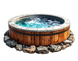 Outdoor hot tub with wooden and stone surrounds