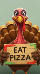 Cartoon turkey holding wooden sign saying "Eat Pizza". Playful illustration, perfect for Thanksgiving, food blogs, or pizza restaurant promotions