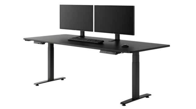 Electric standing desk black with dual computer monitors
