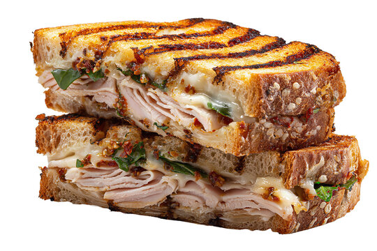 Artisan panini sandwich halves featuring golden grill lines, sourdough bread with seeds, layered turkey and melted cheese, slight pesto ooze, isolated on transparent background.