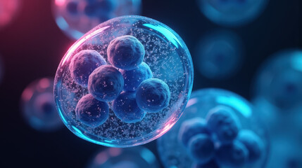 Macro image of stem cells observed under a microscope in the process of cell division with details and microscopic texture. Dividing stem cells under a microscope with blue and pink lighting.