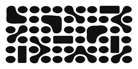 Abstract pattern of various-sized, organic black shapes on a white background. Retro Organic Line Geometric Minimal Pattern, Black and White Seamless Background. Meatballs pattern on white background.
