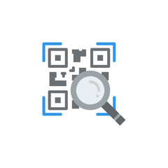 Pixel art style QR code with a magnifying glass scanning the code on a transparent background signifying data analysis and digital information