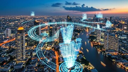 Futuristic cityscape showcasing data visualization over a modern city with digital interfaces - Powered by Adobe