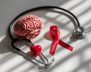 Medical concept photo for World Stroke Day. Composition with a red brain model, a stethoscope, a blood pressure monitor, and an electrocardiogram on a white table in a bright clinic.