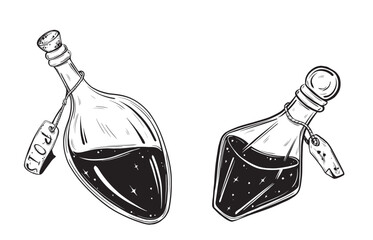 Sketch of vial of potion. Hand drawn ink vector illustration of poison bottle. Linear graphic elements for Halloween design isolated on white background.