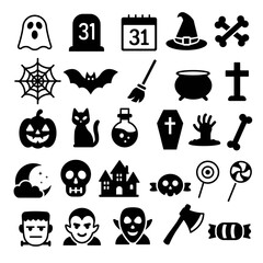 An illustration depicting a set of black Halloween holiday attributes icons on a white background.