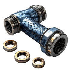 Close-up of a plumbing fitting with braided sleeve