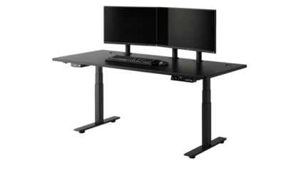 Adjustable black standing desk with dual monitors
