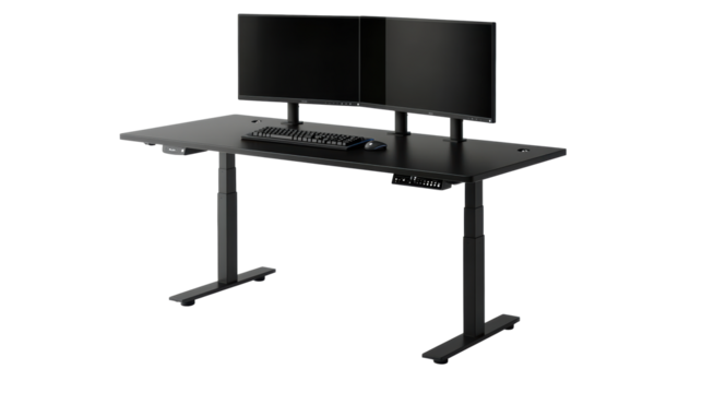 Adjustable black standing desk with dual monitors
