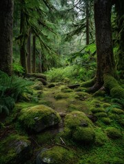 Fototapeta premium Lush green forest path winding through mossy trees and rocks.